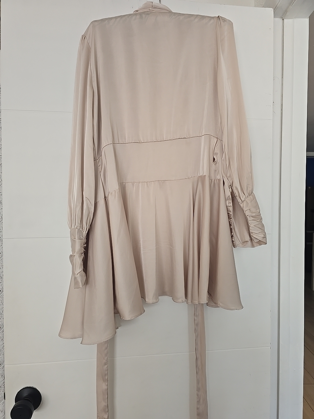 C.I.E.N. Champagne Satin Faux Wrap Mini Dress Size M Long Ruched Sleeve V-Neck - Picture 11 of 16